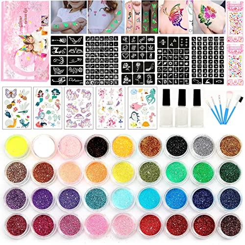 Glitzer Tattoo Set, 36 Farben Temporäre Glitzertattoo Make Up Kit für Kinder, Mädchen, Erwachsene, 178 Schablonen, 230 Strasssteine, 5 Pinsel, 3 Kleber, 5 Tattoo Sticker, Bestes Geschenk für Mädchen Cover
