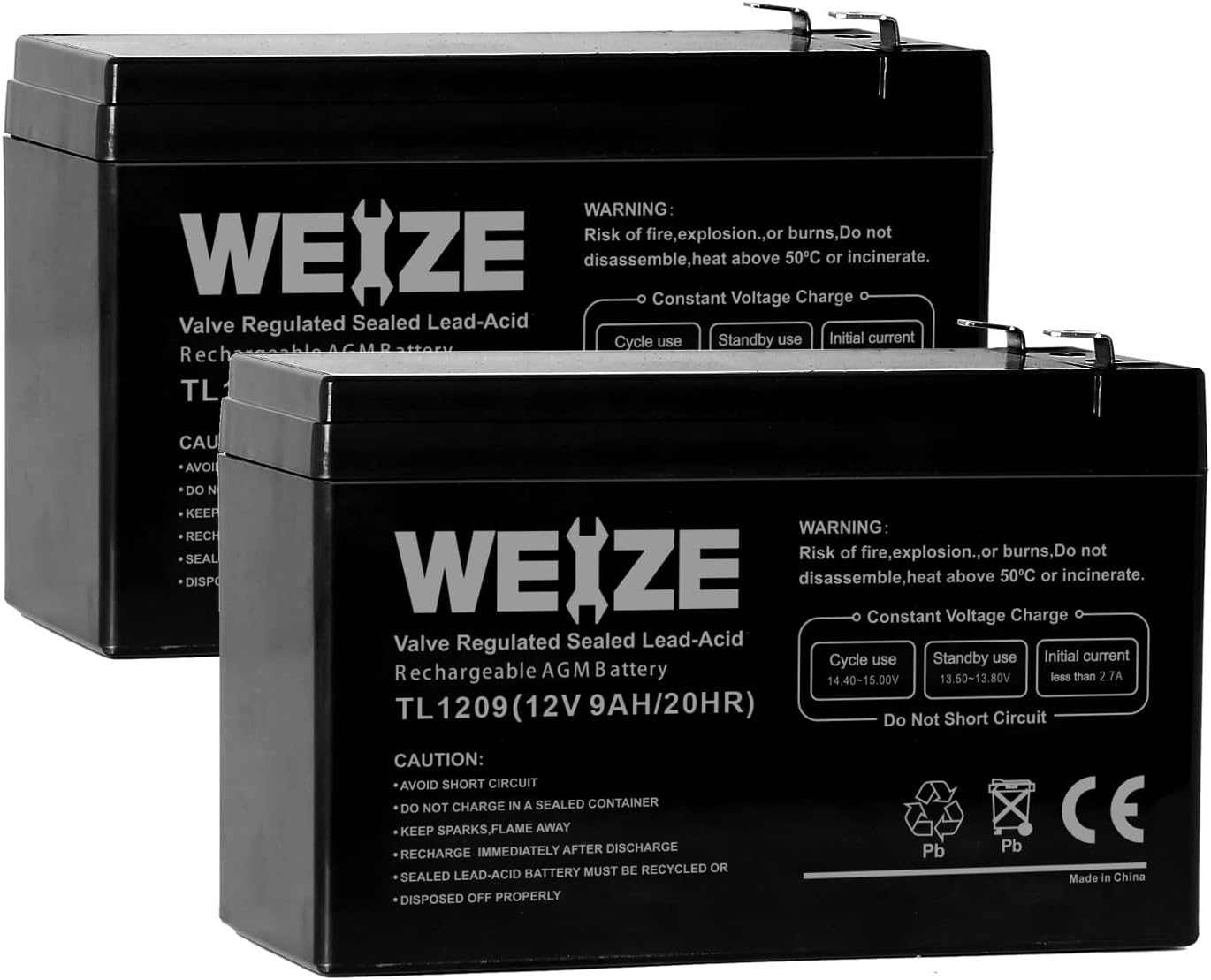 WEIZE 12V 9AH Battery, Sealed Lead Acid Battery with F2 Terminals, Rechargeable Replaces 12 Volt 8AH 10AH for Razor e200 / e200s / e225 / e300, APC UPS Computer Backup Power (BX1300LCD), 2 Pack