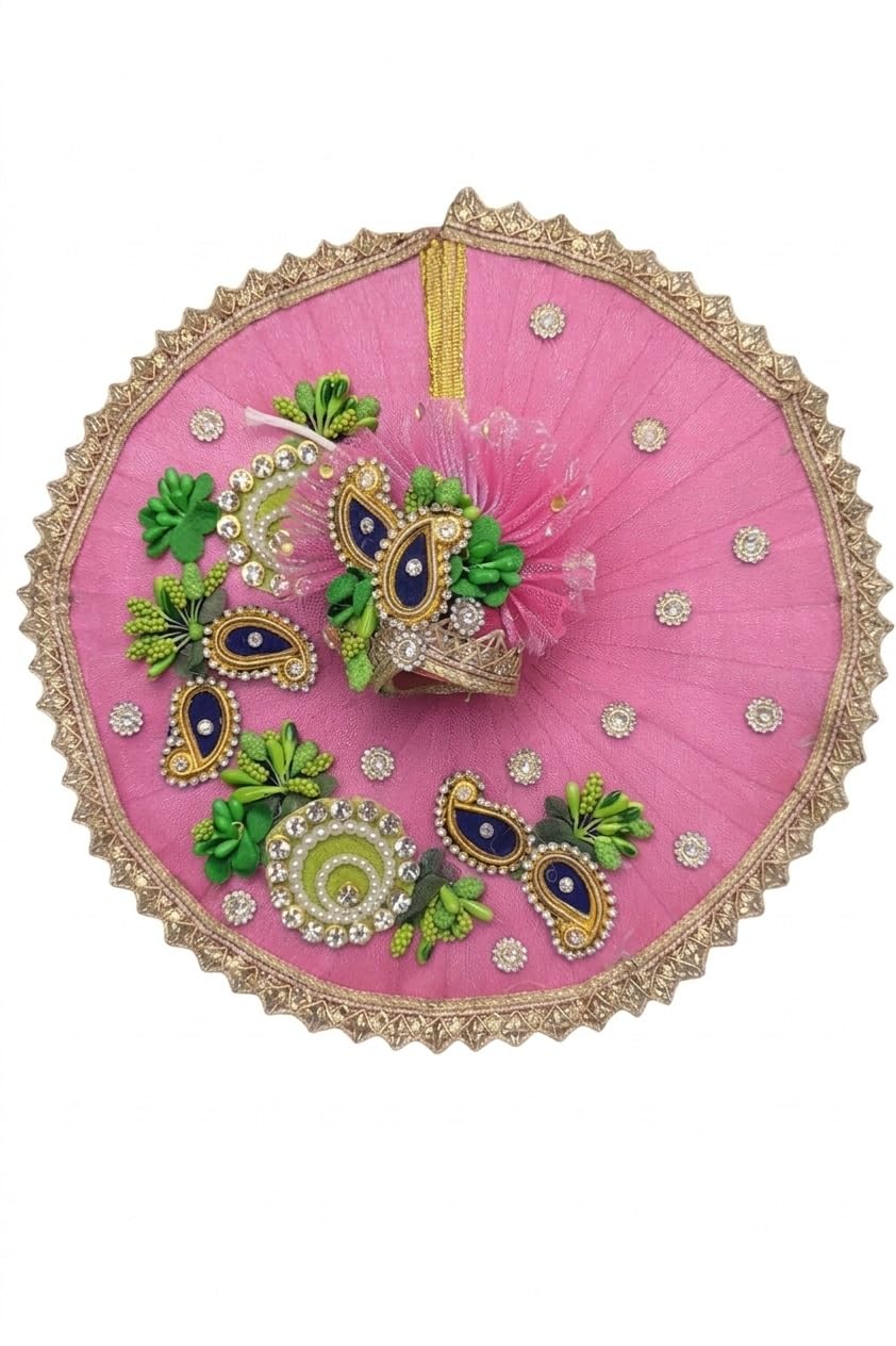 Handcrafted Laddu Gopal Poshak Dress, Net Fabric, Golden Lace Border, Rhinestone Work, Floral Embellishment, Festive & Daily Wear (Pink, Size-1)-image-47