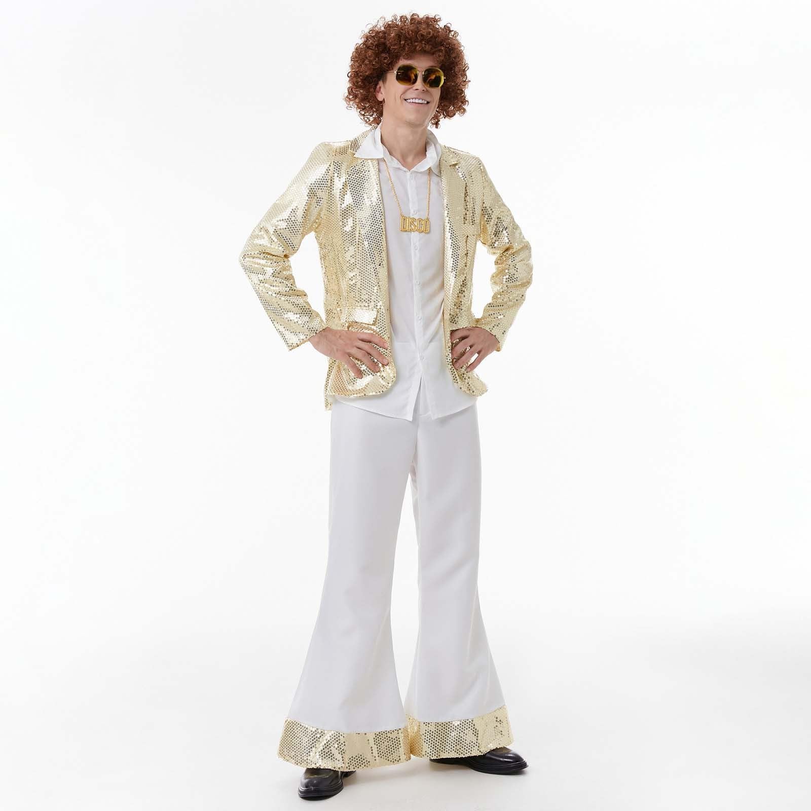 Disfraz de discoteca para hombre, disfraz hippie de los años 70 con peluca afro y accesorios, vestido de discoteca de los años 80, camisa retro para fiesta de Halloween de los años 70