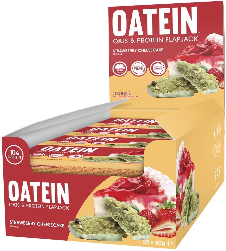Oatein Flapjack (20 x 40g) - High Protein Flapjack with Oats Complex Carbohydrate Healthy High Fibre Snack Flapjacks - Strawberry Cheesecake