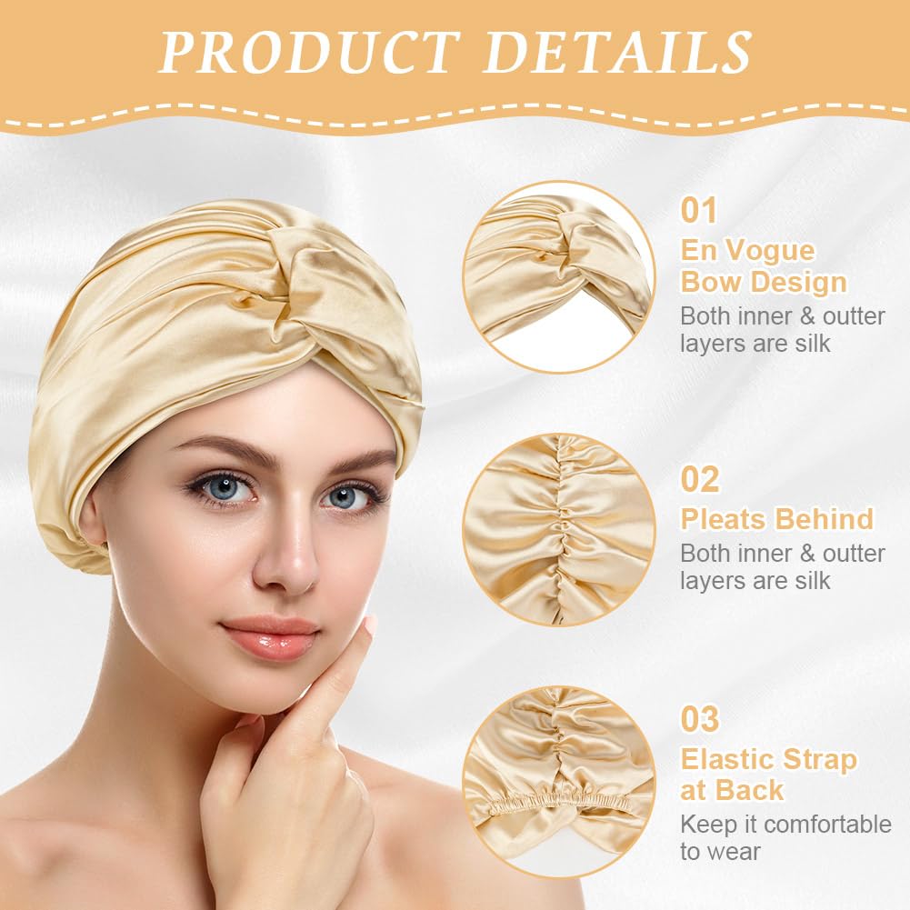 AOGOE Silk Hair Bonnet for Sleeping Double Layer Sleep Cap, Silk Sleep Cap with Elastic Bow, Night Sleep Cap - Image 4