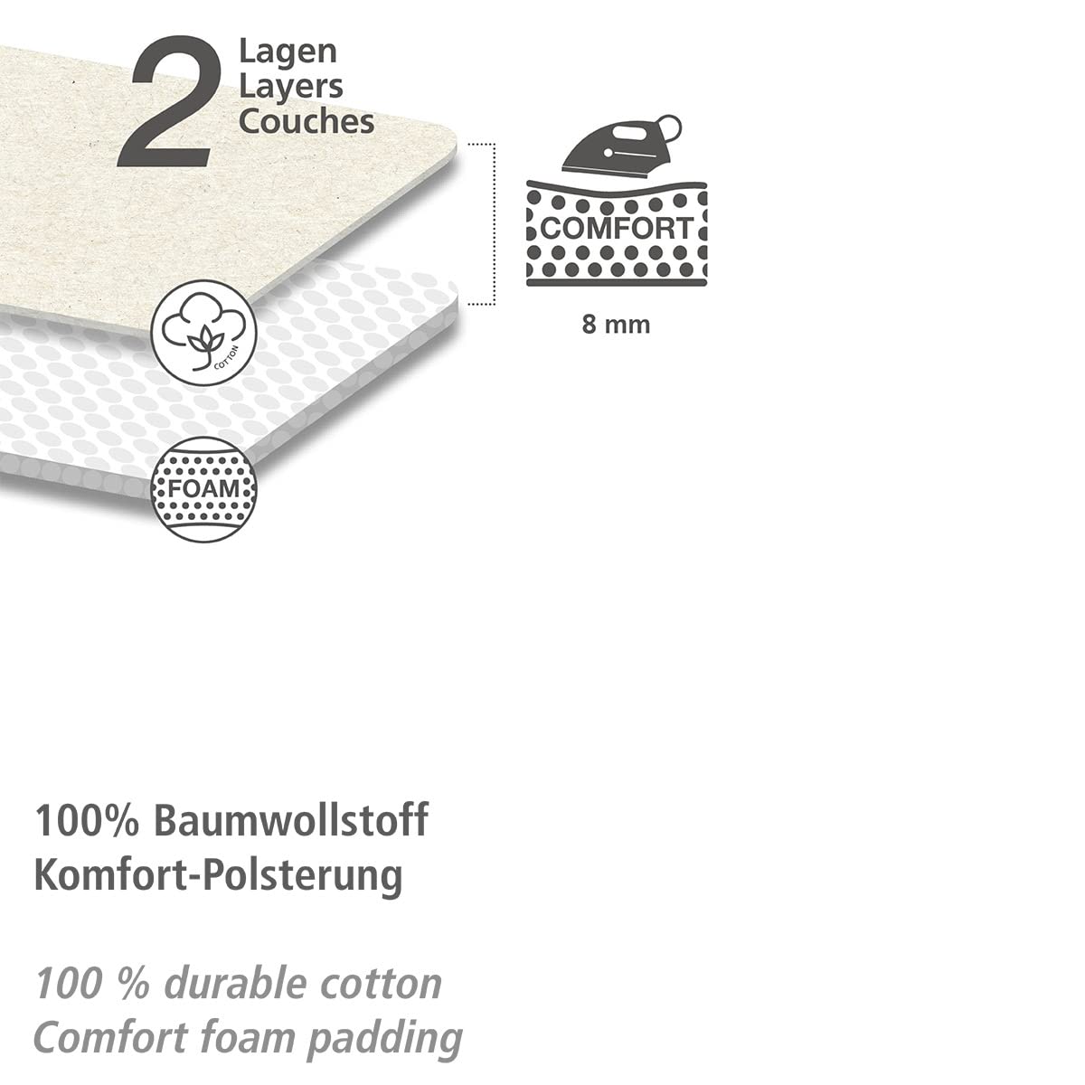 WENKO Bügeltisch Advance, Bügelbrett, dampfbügelgeeignet, höhenverstellbar 73-90 cm, besonders standfest, Rundrohr weiß Ø 22/35 mm, pulverbeschichtetes Metall, Bügelfläche 120 x 42 cm, 8 mm Polsterung