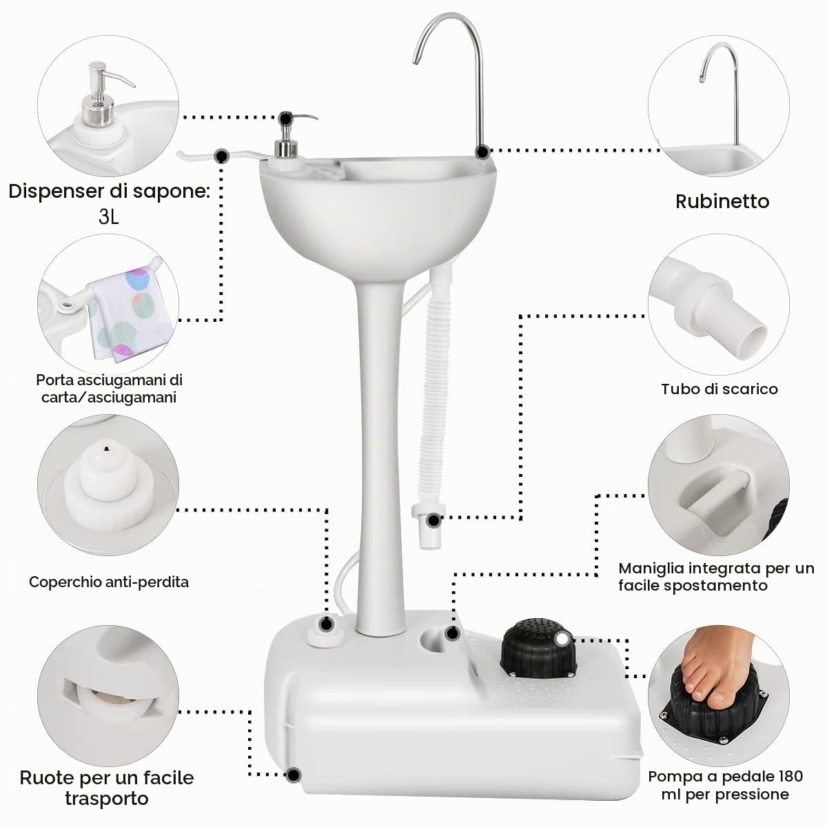 FANTASK Lavandino da campeggio con pompa a pedale da 17 l, serbatoio dell'acqua e portasciugamani, lavabi portatile, per eventi in giardino e all'aperto