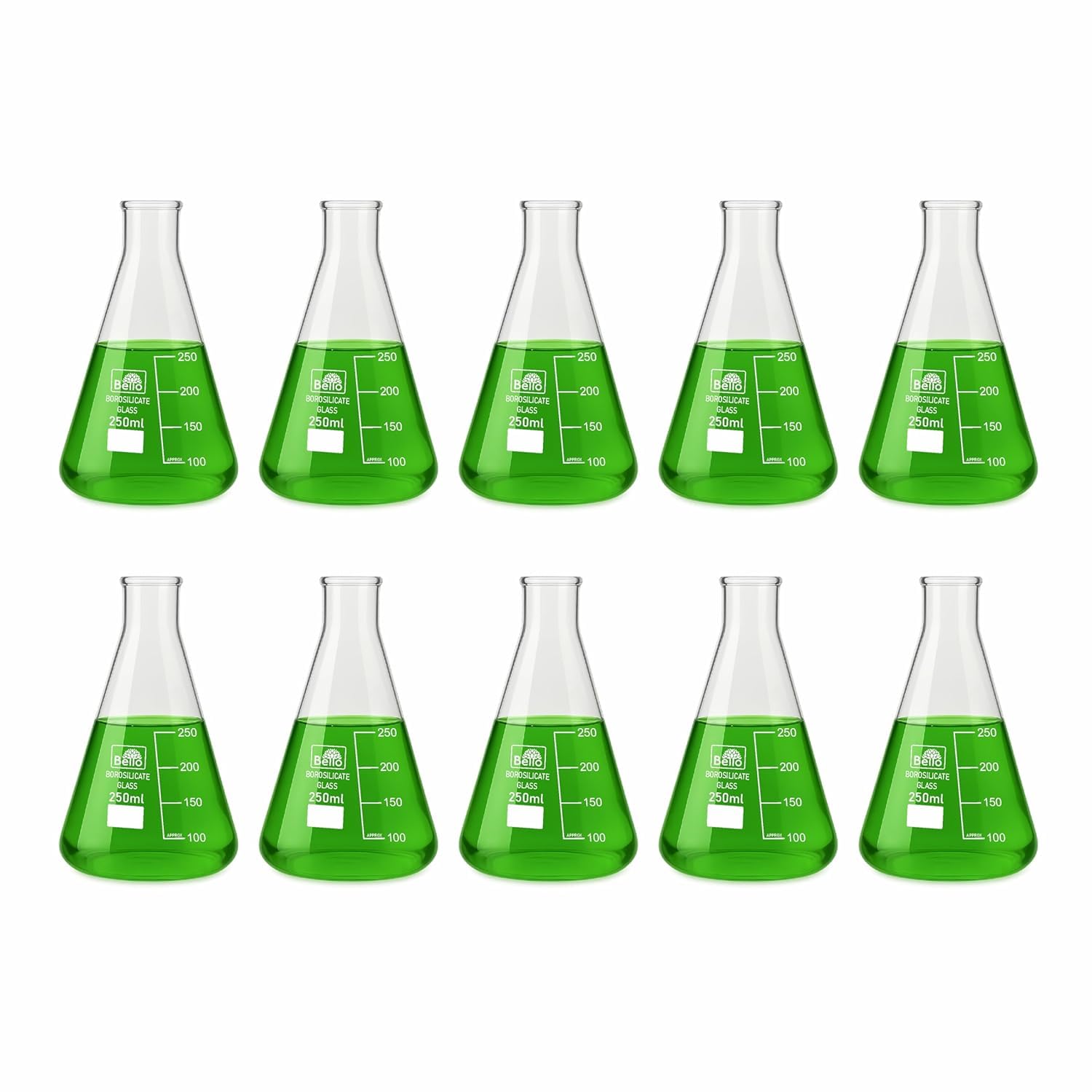 Bello Borosilicate 3.3 Glass Conical Flask 250ml Capacity, Narrow Mouth & Transparent Pack of 10 for School College lab Cosmetics Perfume Making-image-45