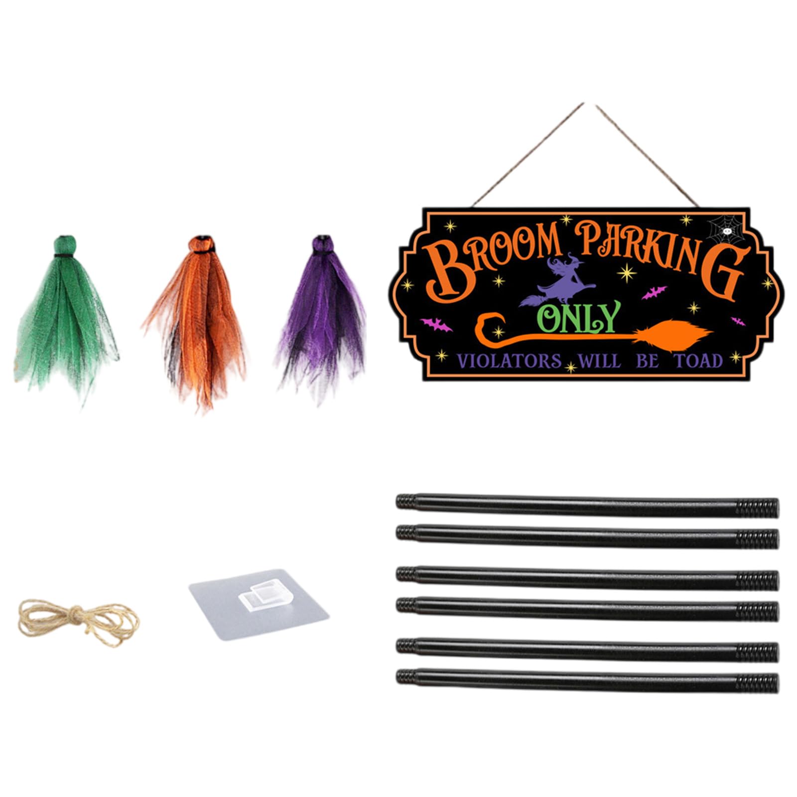 Klynovalu Wood Witches Broom Parking Sign Halloween Front Porch Decoration with 3 Brooms Indoor Wall Art Accessories Wood Witches Brooms
