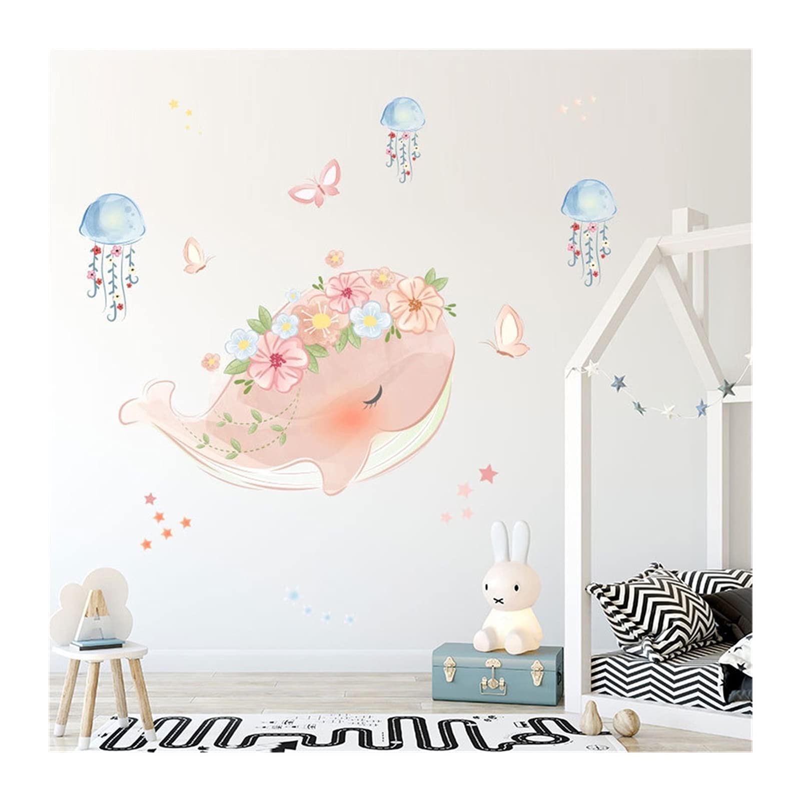 caihuashopping Różowy wieniec wieloryb meduza naklejka ścienna do pokoju dziecięcego dekoracja przedszkola tapeta odklej i przyklej winyl dziecko DIY kalkomania mural