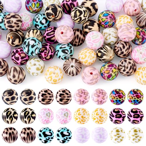 Cheriswelry 48Pcs Print Silicone Bead 15mm Round Silicone Beads for Keychain Bracelet Leopard Focal Bead Mixed Color for DIY Lanyard Necklace Crafts Making