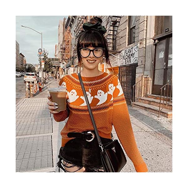YEMOCILE Knitted Sweater for Women with Cute Ghost Pattern Gothic Streetwear with Long Sleeves for Girls Orange