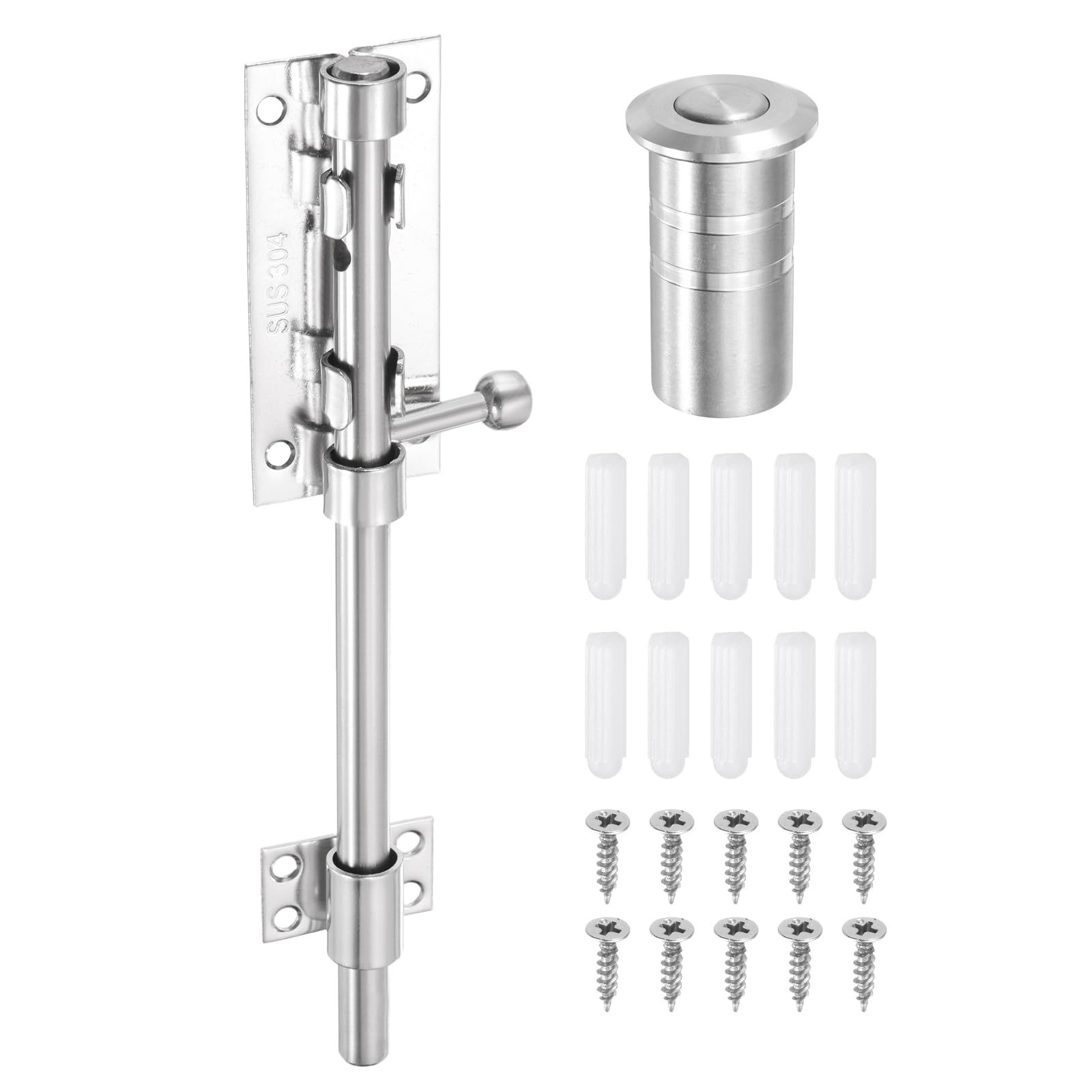 sourcing map 1-Pack Slide Bolt Latch, 8 in 304 Stainless Steel Barrel Bolt Latch Heavy Duty Door Latches Lock 12mm Dia Bar with Dust Container for Barn Wooden Fence Shed Door [Silver]