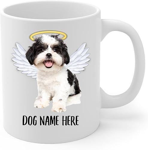 Taza de café conmemorativa de alas de ángel Shih Tzu con nombre personalizado, regalos de condolencias para los amantes de los perros, taza blanca