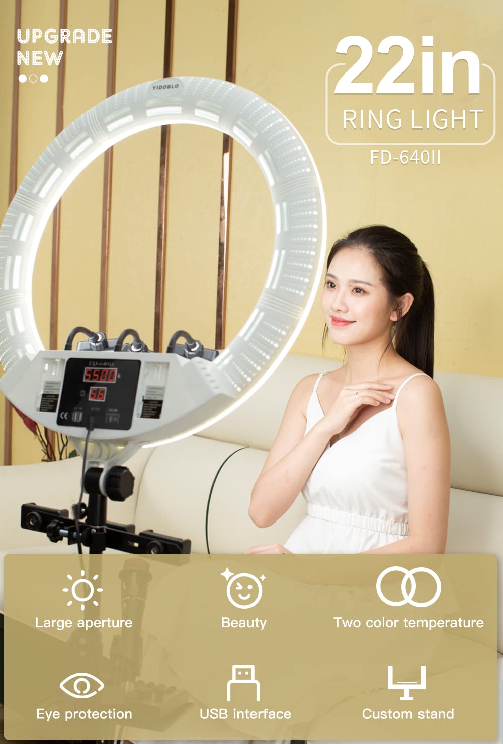 Kit luce ad anello display digitale a LED da 100 W 22 "per trucco bellezza illuminazione della pelle delle unghie, fotografia in studio video con borsa, treppiede e telecomando