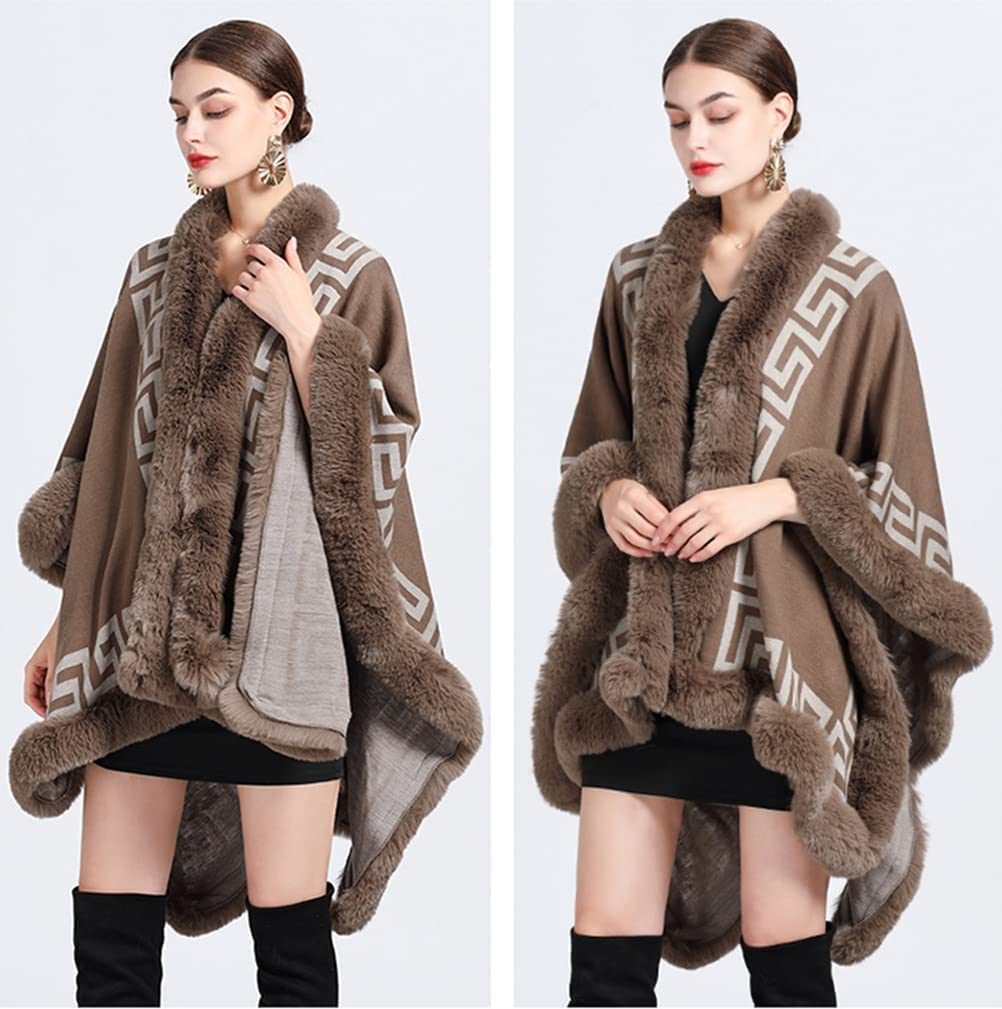 Autunno Inverno Donne Fine Knit Sciarpa Collare Capo Cardigan con Faux Fur Trim Layers Poncho, Faux Rabbit Fur Capo Wrap Scialle Cappotto di Lana