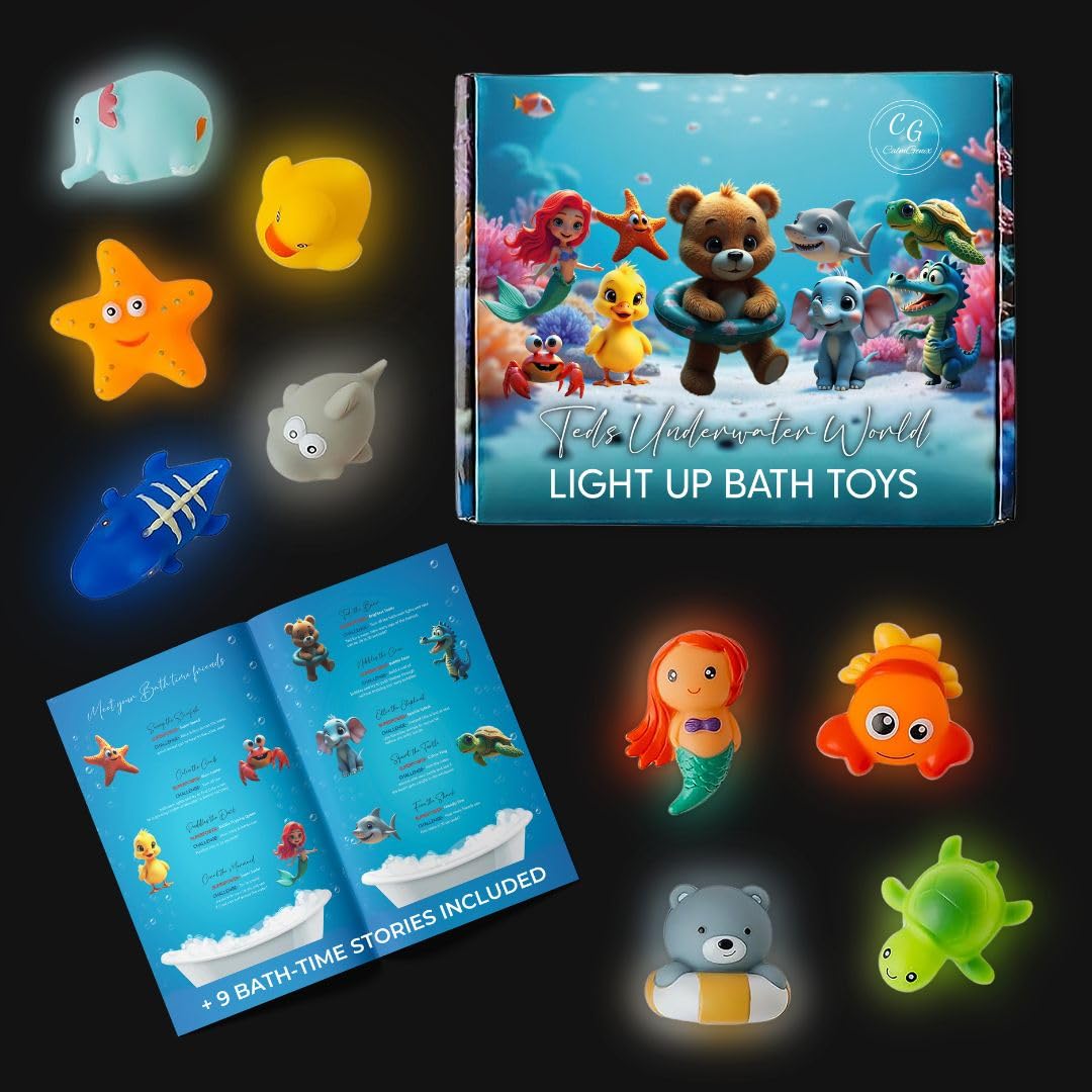 CalmGenix Set of 9 Light Up Toys for Kids, 9PCS LED Sensory Bath Toys with 9 Bonus Interactive Stories Included & Packed In a Box  Fun for Parents with Newborns & Toddlers