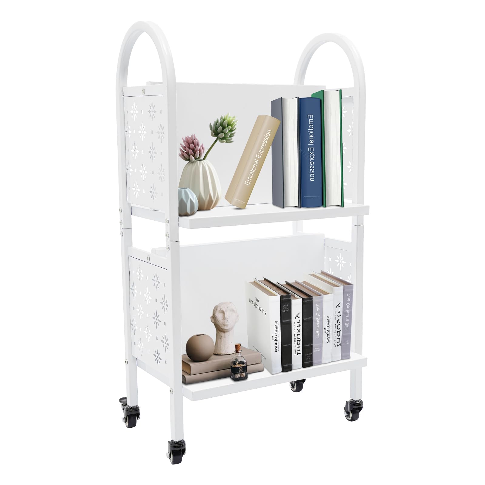 JAYGOVAN Rolling Book Truck Book Cart with 2 Flat Shelves, 17''×13''×34'' Library Book Cart Single Sided L-Shaped Flat Shelves with Lockable Wheels