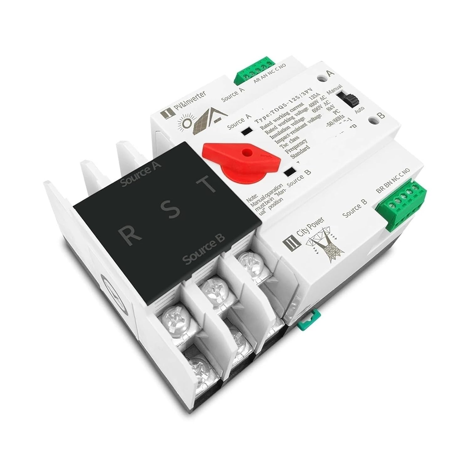 3P 3 Phase Din Rail PV and Inverter Dual Power Automatic Transfer Selector Switches 63A 100A 125A 1Pcs(63A)