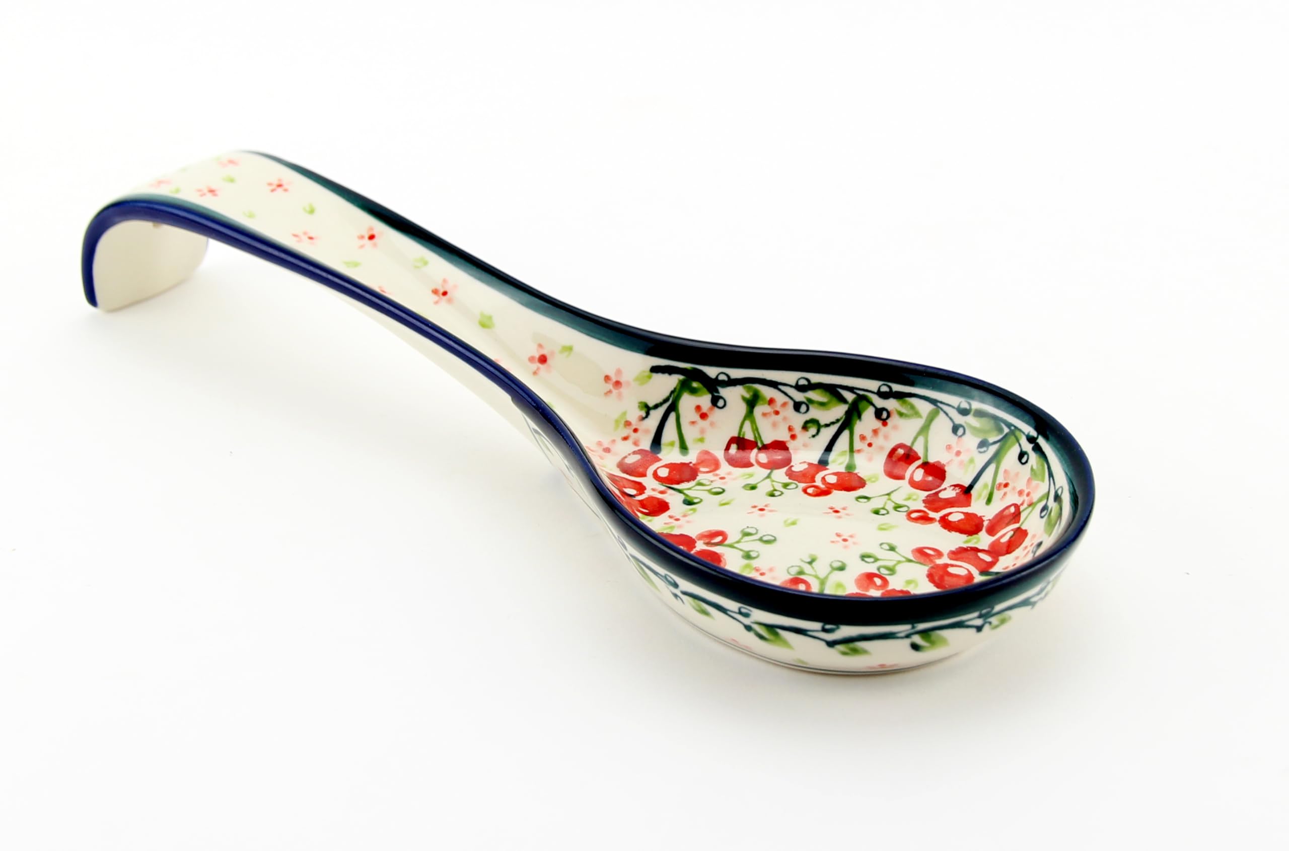 Polish Pottery Market 12” Long Handmade by Zaklady Boleslawiec Poland, Cute Spoon Rest for Stovetop, European kitchen décor, Ladle Holder (Cherry Blossom Bliss)