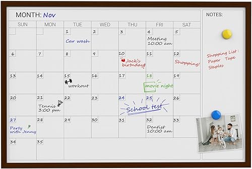 Miniatura 2 de Comix Calendario de borrado en seco para pared, pizarra blanca magnética de borrado en seco con marco de madera marrón, 36 x 24 pulgadas, tablero