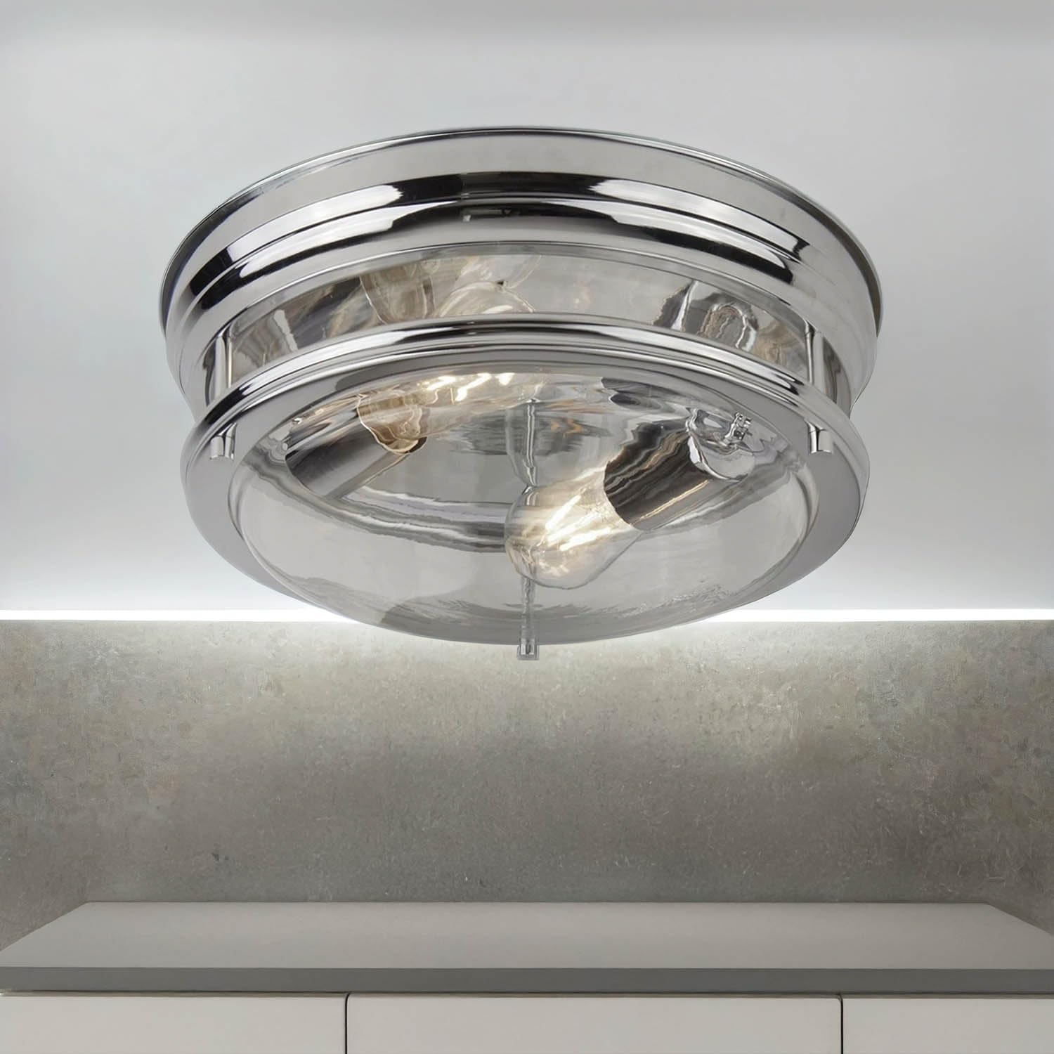 Licht-Erlebnisse Deckenleuchte Badezimmer IP44 Ø 35 cm H: 14,5 cm flach in Chrom 2x E27 Glas Metall Deckenlampe Badezimmerleuchte