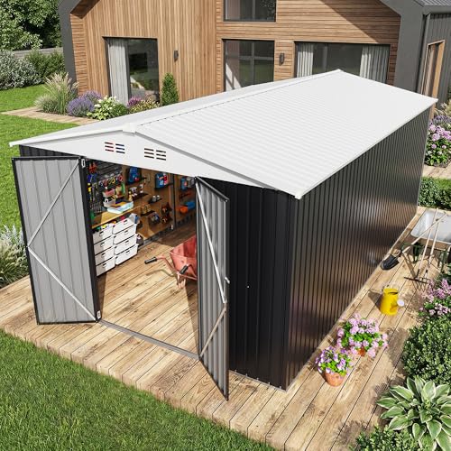 Image of AirWire 10x16 FT Outdoor Metal Storage Shed, Heavy-Duty Galvanized Steel Tool Shed with Lockable Doors, Waterproof Garden Shed for Backyard, Patio, Lawn, White