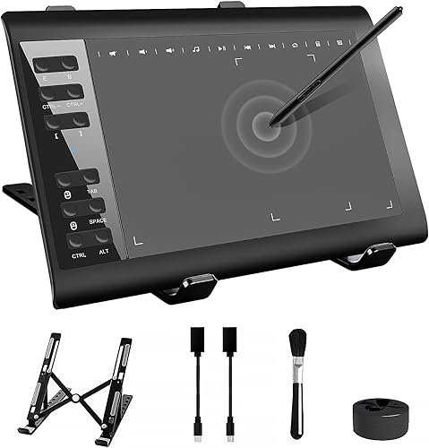 Tableta de dibujo gráfico con soporte, tableta de dibujo de 10 x 6 pulgadas con bolígrafo de 8192 niveles, 12 teclas de acceso rápido, almohadilla