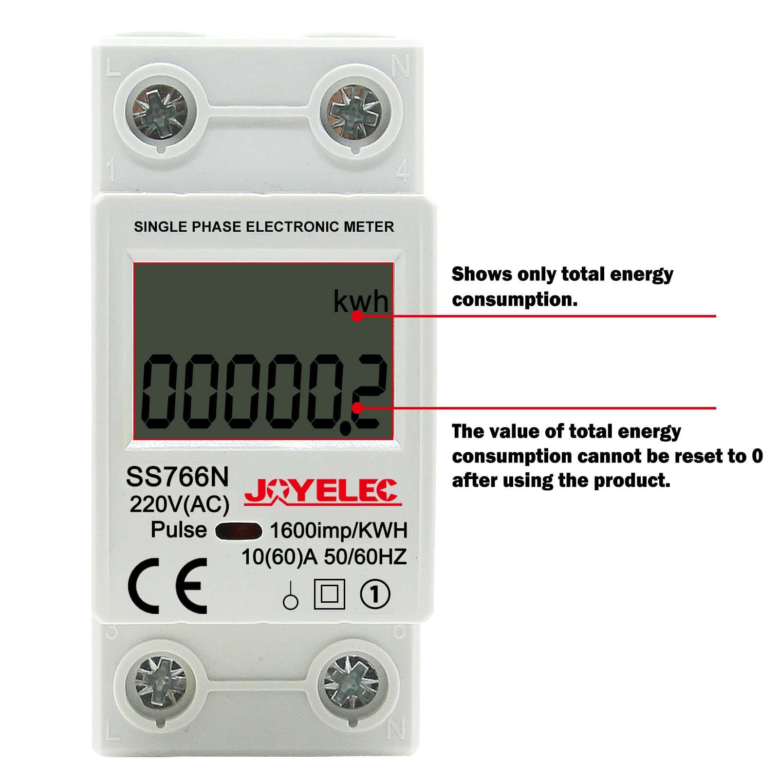 SS766N Contatore Energia Elettrica，Misuratore Consumo Elettrico，Contatore di Corrente con GuidaDIN Schermo LCD,230V AC 10 (60) A 50/60Hz Mostra solo kwh, nessuna retroilluminazione