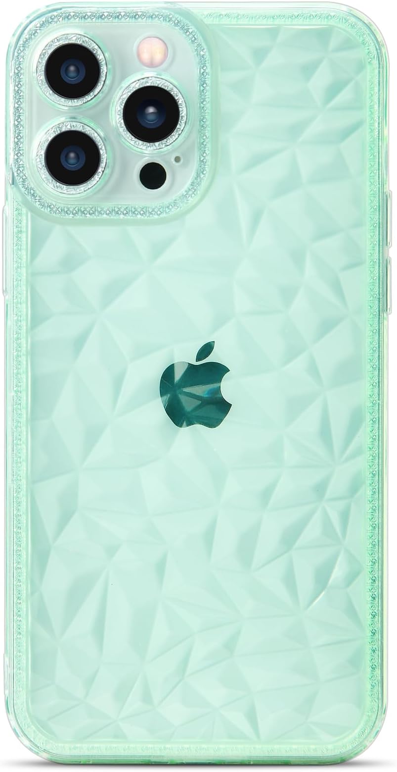SKYLMW Case for iPhone 14 Pro Case 6.1 Inch TPU Soft Slim Case 3D Clear Glitter Diamond Pattern Camera Case and Screen Protector for Women and Girls (Clear Green)