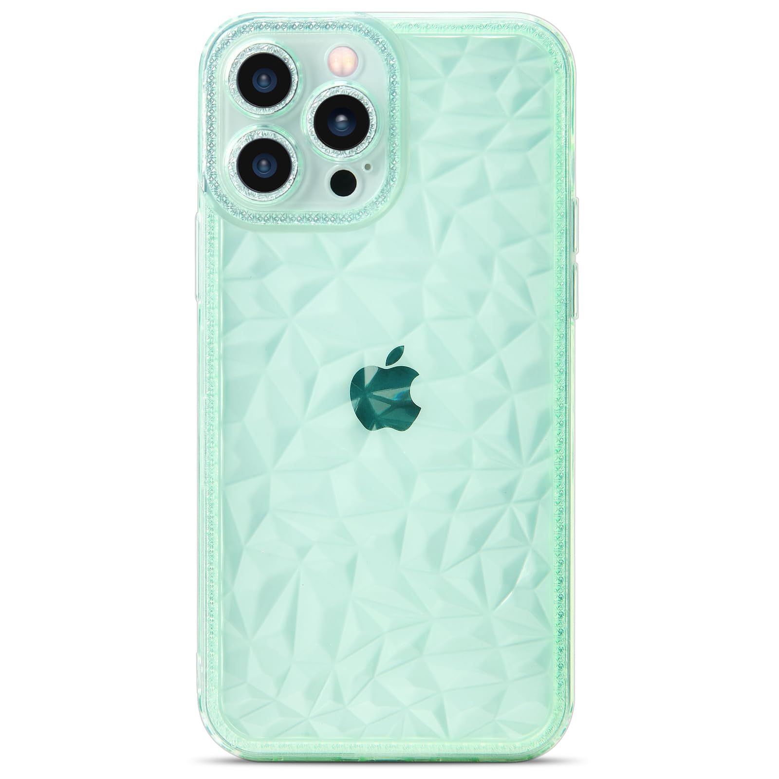 SKYLMW Case for iPhone 14 Pro Case 6.1 Inch TPU Soft Slim Case 3D Clear Glitter Diamond Pattern Camera Case and Screen Protector for Women and Girls (Clear Green)