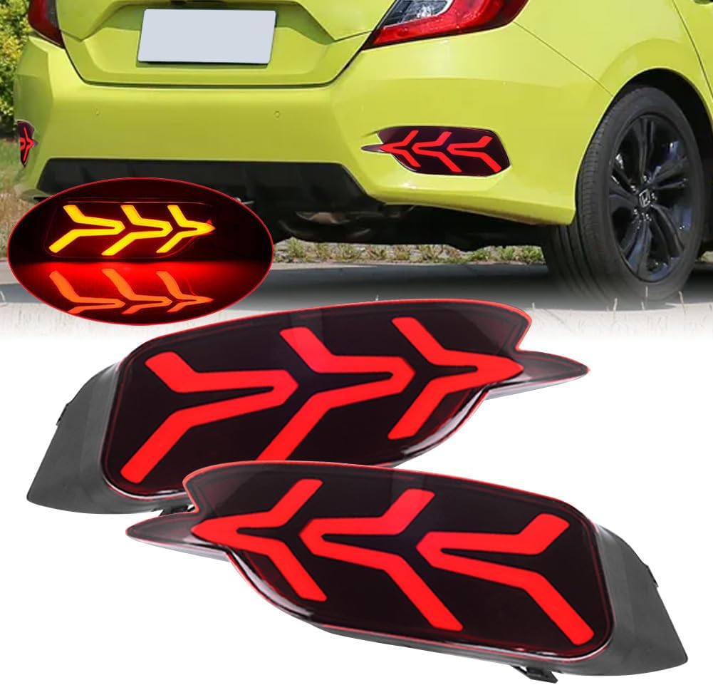 Bumper Light for Honda Civic 2016-2019 LED Rear Bumper Reflector Lamp with Dynamic Sequential 3 Color Tail Light Brake & Rear Fog Lights for Honda Civic Sedan,1 Pair