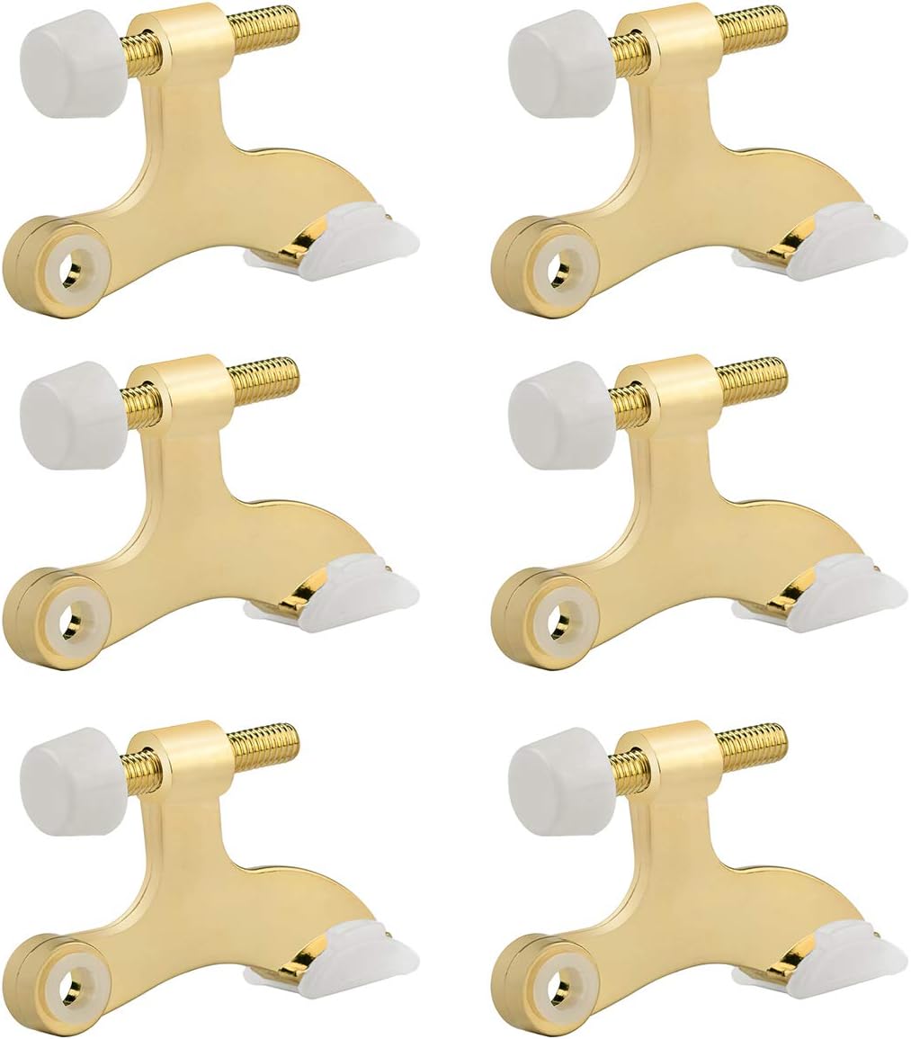 HOMOTEK 6 Pack Hinge Pin Bright Brass Door Stopper, Gold Door Stops, Adjustable Deluxe Heavy Duty Door Stopper 2-1/2"x1-3/4”,with White Rubber Bumper Tips