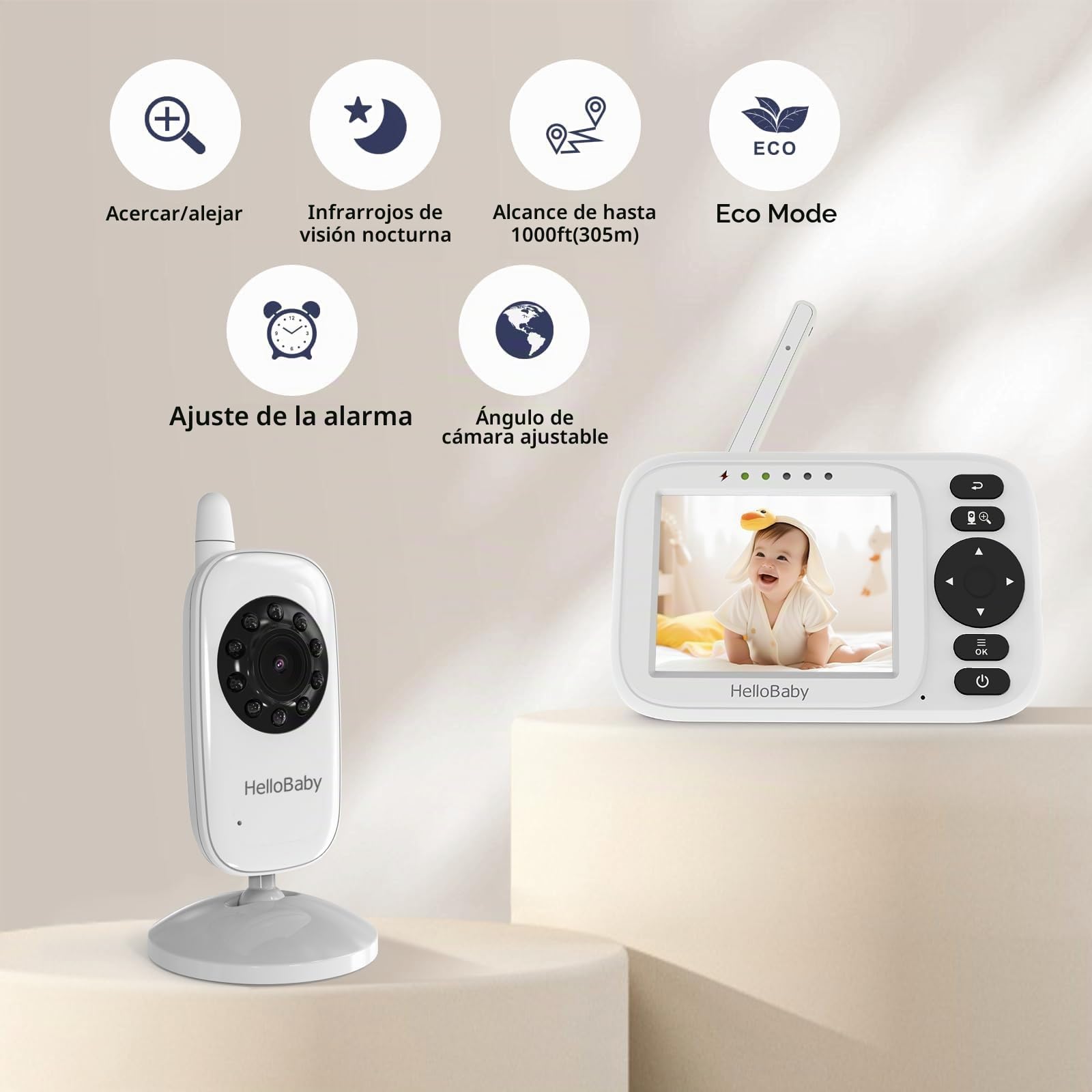 HelloBaby Camara Vigilancia Bebe Vigilabebes con Camara con Pantalla 3.2" IPS, Baby Monitor Sin WiFi,Visión Nocturna, Cable de Carga USB, VOX, Despertador, Zoom 2X, 8 Idiomas, Alcance de 300m