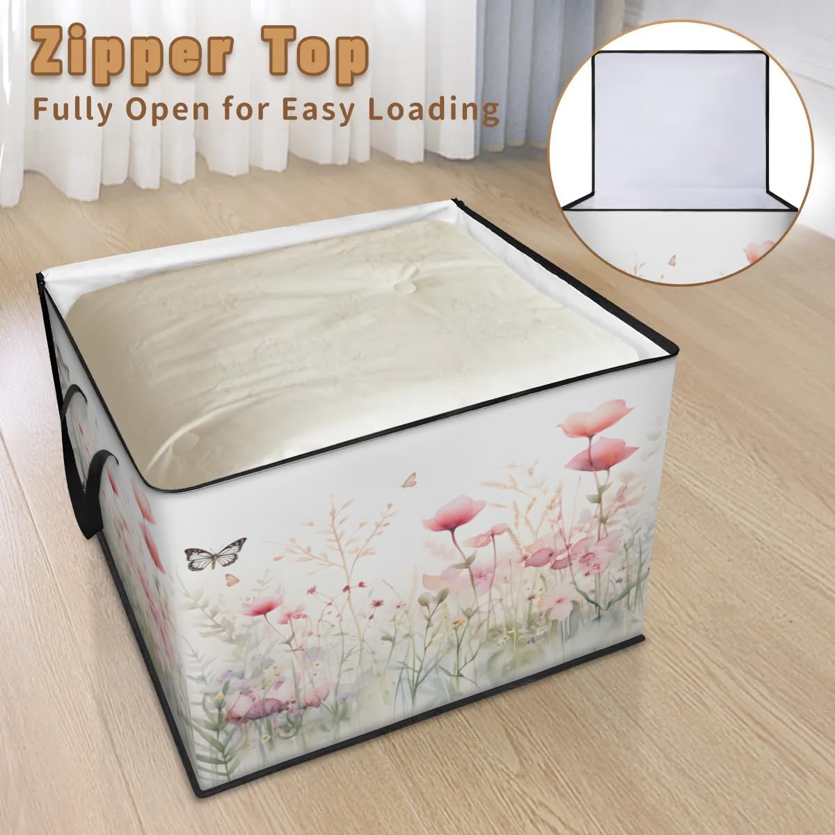 Honeybaby 214L Extra Large Comforter Storage Bag Herbs Flowers Butterfly Storage Totes with Lids Waterproof Closet Organizer Folding Blanket Storage Bags for Clothes Bedding Pillows