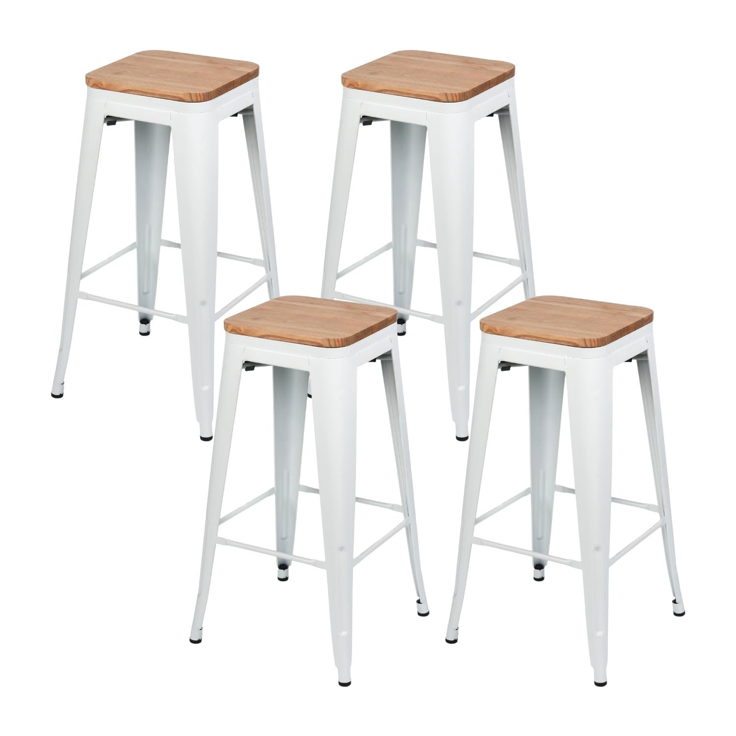 THINIA HOME Pack 4 Taburetes Medios Industriales Apilables de Acero y Madera 43x43x76cm