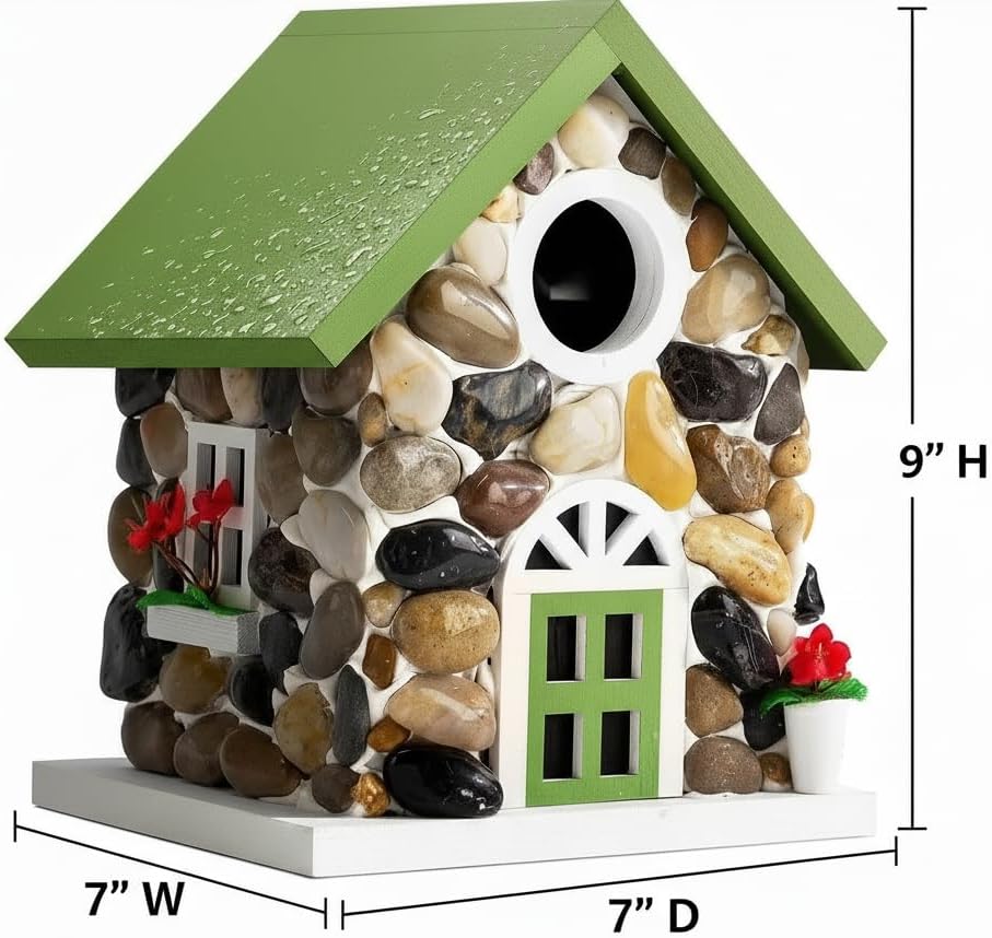 Masterpiece Bluebird House for Outside Clearance,Hanging Bird House for Outdoor, Stone Villa, River Pebbles Birdhouse for Outside, Garden Statue Solid Wood Longtime Lasting, Post Pole Mountable