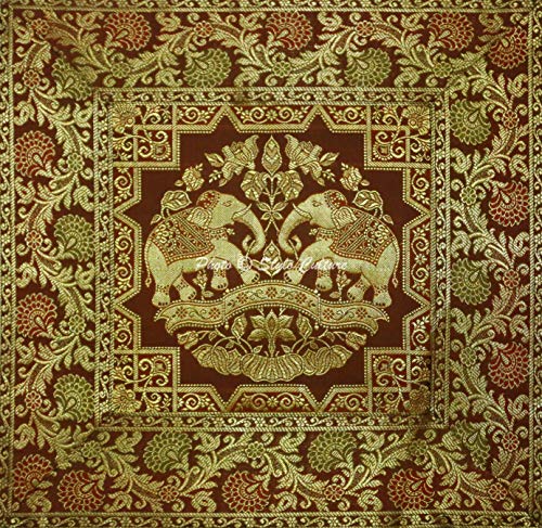 Image of Decorative Brocade Cushion Covers 16 Inch x 16 Inch Banarasi Jacquard Coffee Brown & Gold Living Room Elephant Traditional Square 40x40 cm Zippered Sofa Settee Pillowcases -Set of 2 Pcs