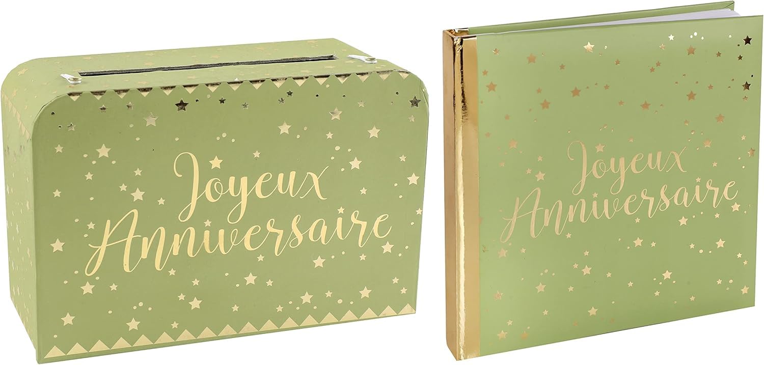 Générique - Pack Joyeux Anniversaire urne Tirelire et Livre d'or - Vert Olive/Sauge et Or