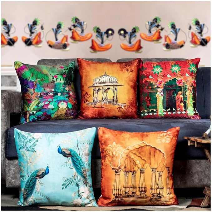 Image of Decorative Satin Sofa Cushion Covers Set of 5, 16 x 16 Inches, Multicolor Floral Printed Pillow Covers for Living Room, Bedroom, Couch & Sofa, Soft Glossy Fabric, Zipper Closure