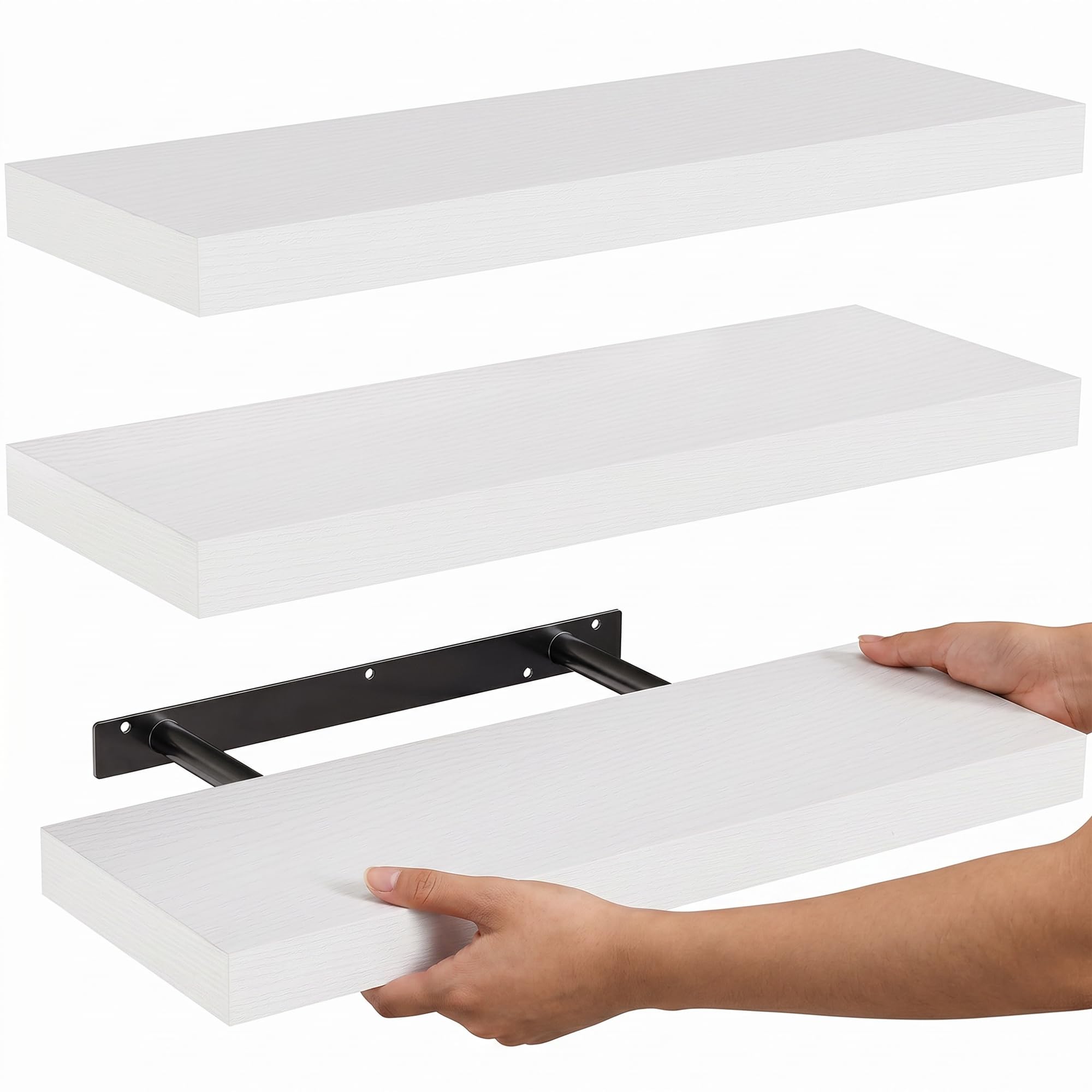AVAIS Premium Wall Mounted Floating Shelves Pack of 3 (41 cm) โ MDF Gloss Finish with Invisible Brackets, Modern White Display Shelves for Living Room, Bedroom, Kitchen & Bathroom