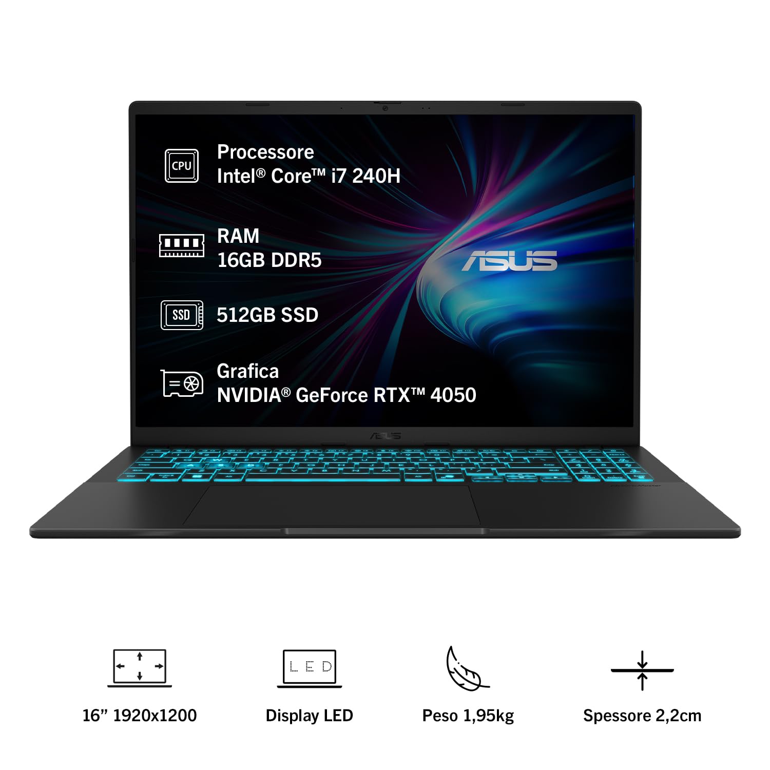 Asus Vivobook V16 V3607VU#B0DPG49L6M, Notebook con Monitor da 16" Anti-glare, 144Hz, Intel Core 7 240H, RAM 16GB, 512GB SSD, NVIDIA® GeForce RTX™ 4050, Win 11 Home, Nero