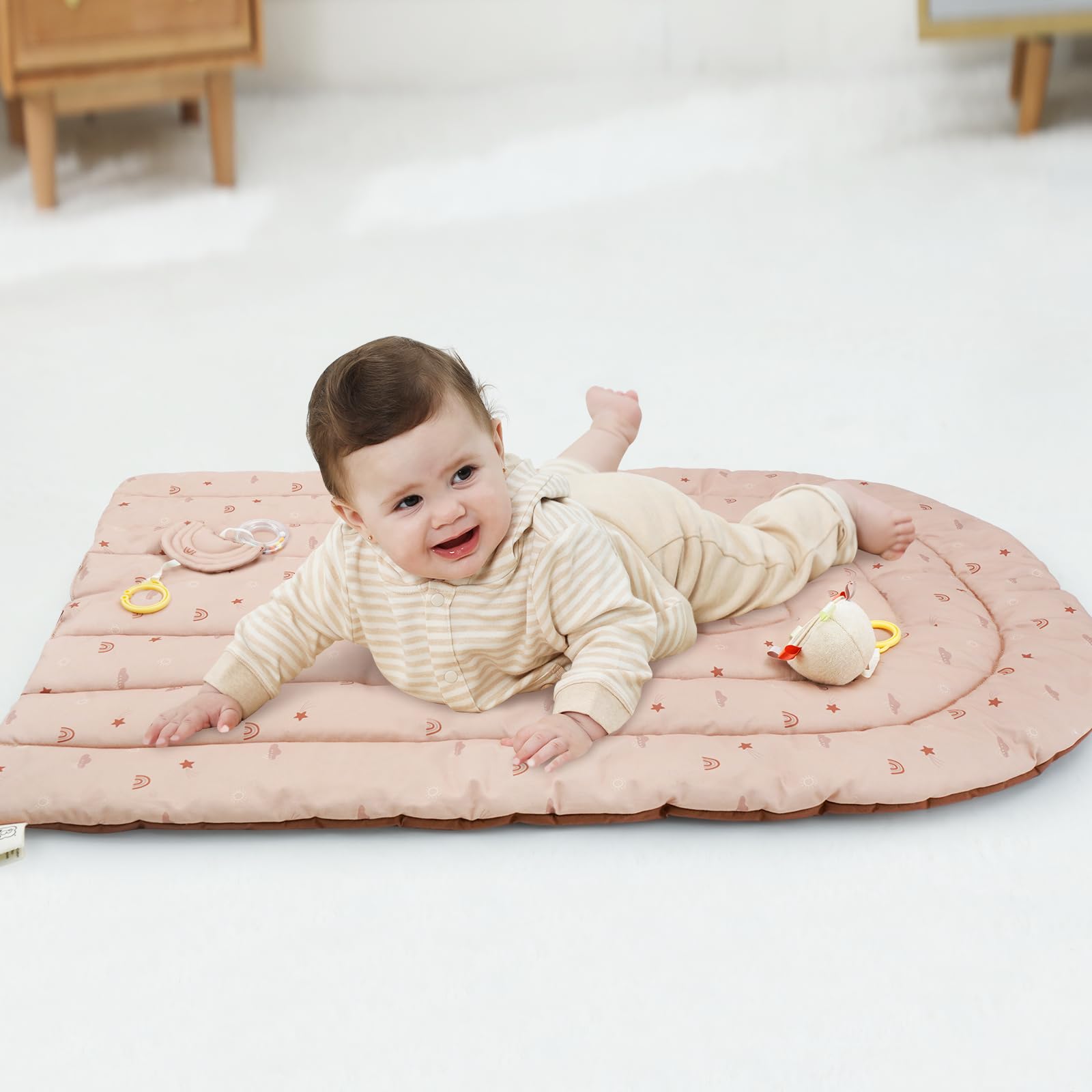4 IN 1 Palestrina per Neonati, Tappeto di Gioco con Legno Naturale, 3 Giochi Rimuovibili da Afferrare, Montessori per 0-3-6-12-36 Mesi, Marrone-Arcobaleno