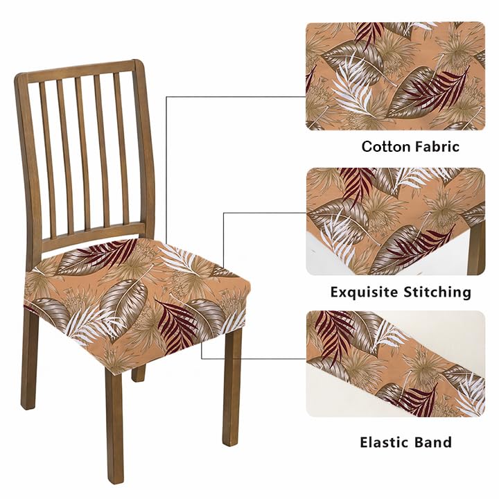 Image of Stretchable Dining Chair seat Cover Set of 6 Seater Elastic Washable Chair Protector for Dining Room, Office and Restaurant, Universal fit Printed Spandex Fabric-Brown Leaf