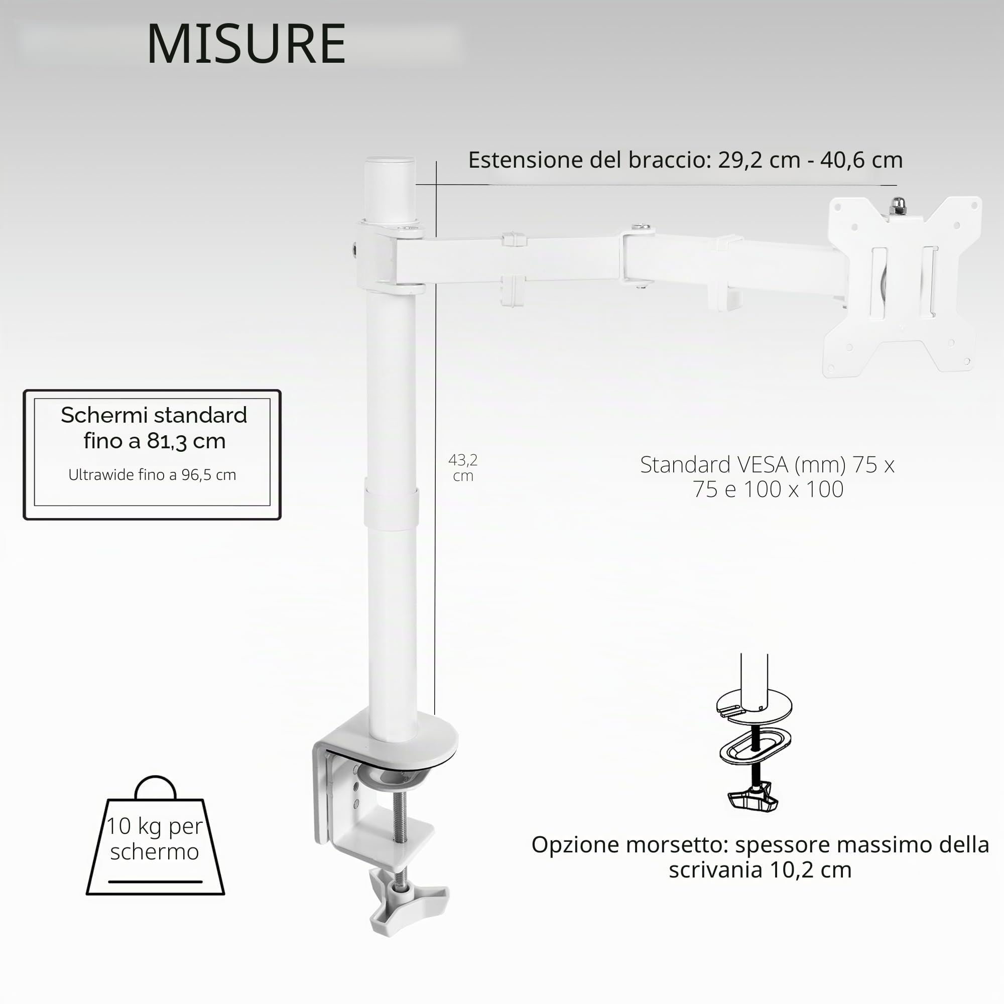 VIVO STAND-V001W - Supporto da scrivania con braccio singolo per monitor, supporta schermi fino a 32" regolari e 38" ultrawide, supporto completamente regolabile con morsetto a C e base con passacavo,