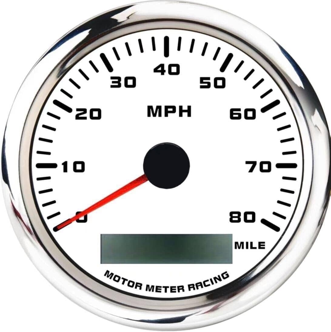 MOTOR METER RACING W Pro 85mm 3-3/8" GPS Speedometer Digital Odometer 80 MPH Waterproof White Dial Red LED for Car Truck Marine Boat Yacht Motorcycle