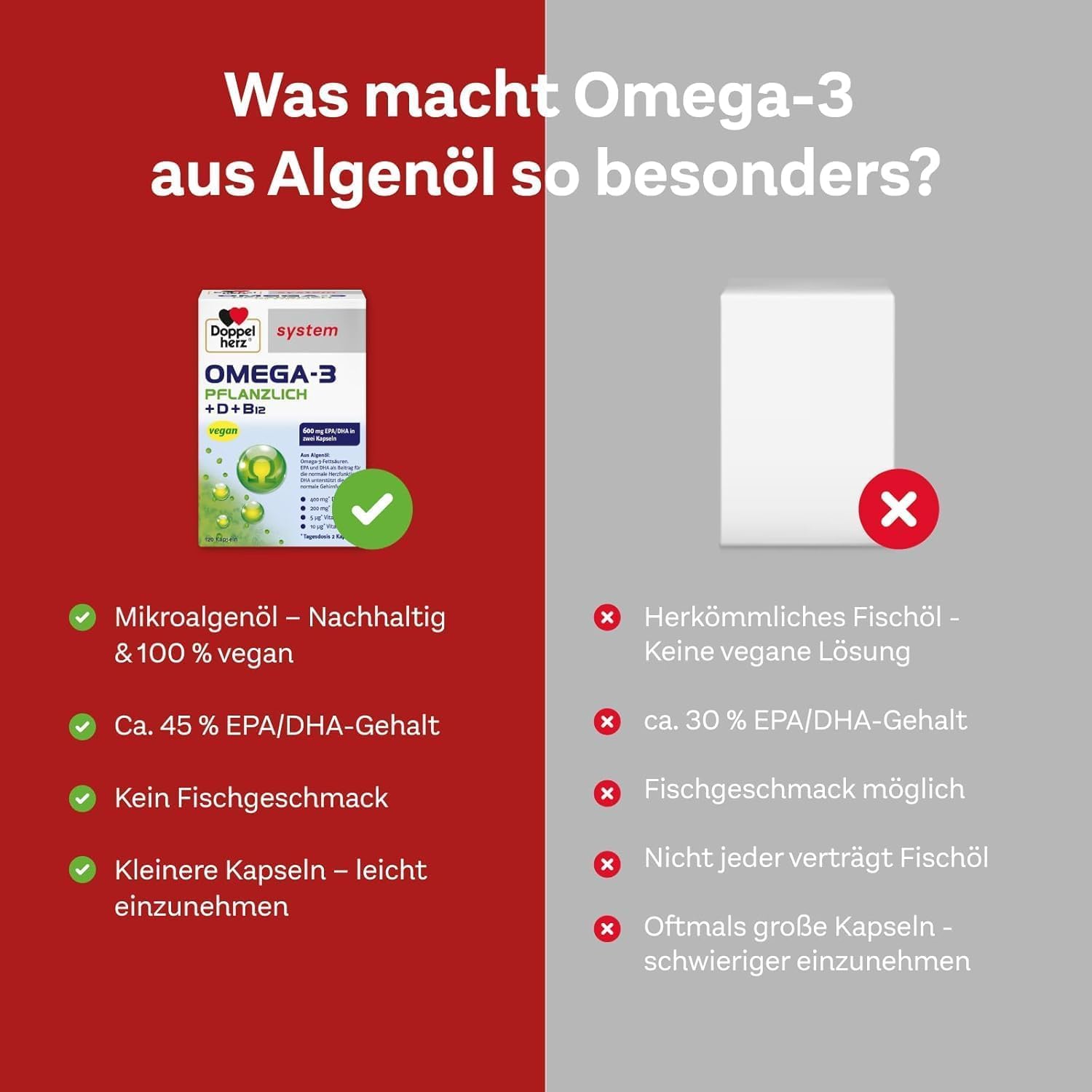 Doppelherz system OMEGA-3 PFLANZLICH – Algenöl – Vitamin D als Beitrag für die normale Funktion des Immunsystems – 2 x 120 Kapseln