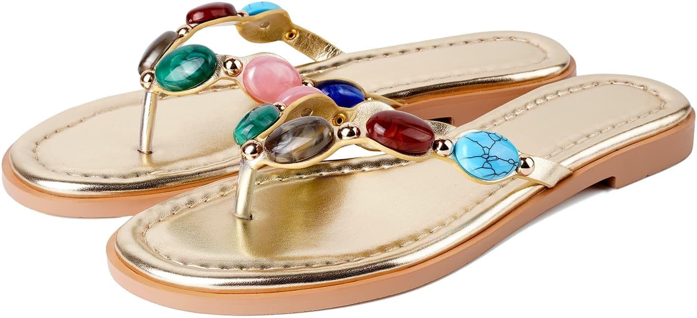 Jeweled Thong Flip Flops for Women Open Round Toe Flat Sandals Summer Beach Casual Slippers