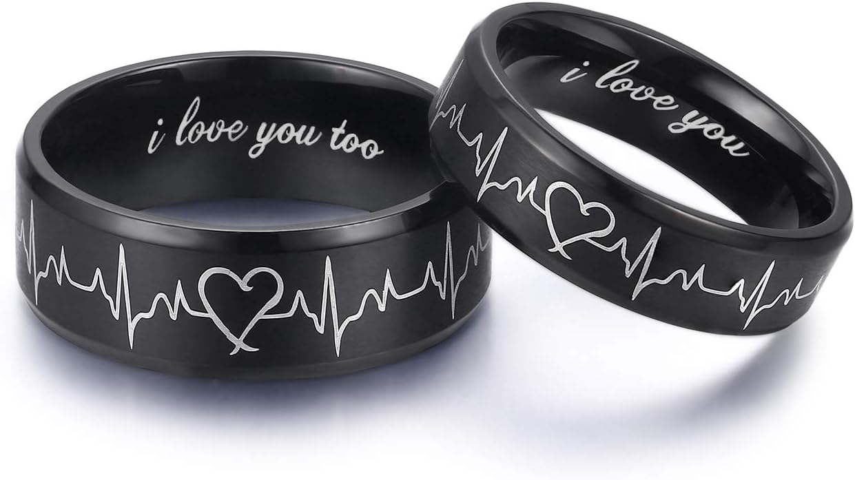 Heartbeat Rings for Couples I Love You Matching Promise Rings Wedding Bands Sets for Him and Her with Box Stainless Steel Comfort Fit