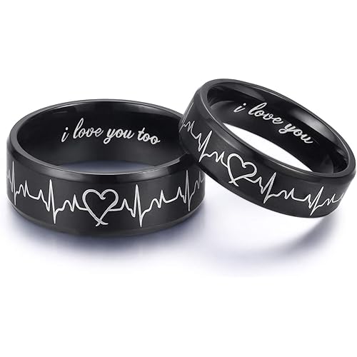 LAVUMO Heartbeat Rings for Couples I Love You Matching Promise Rings Wedding Bands Sets for Him and Her with Box Stainless Steel Comfort Fit
