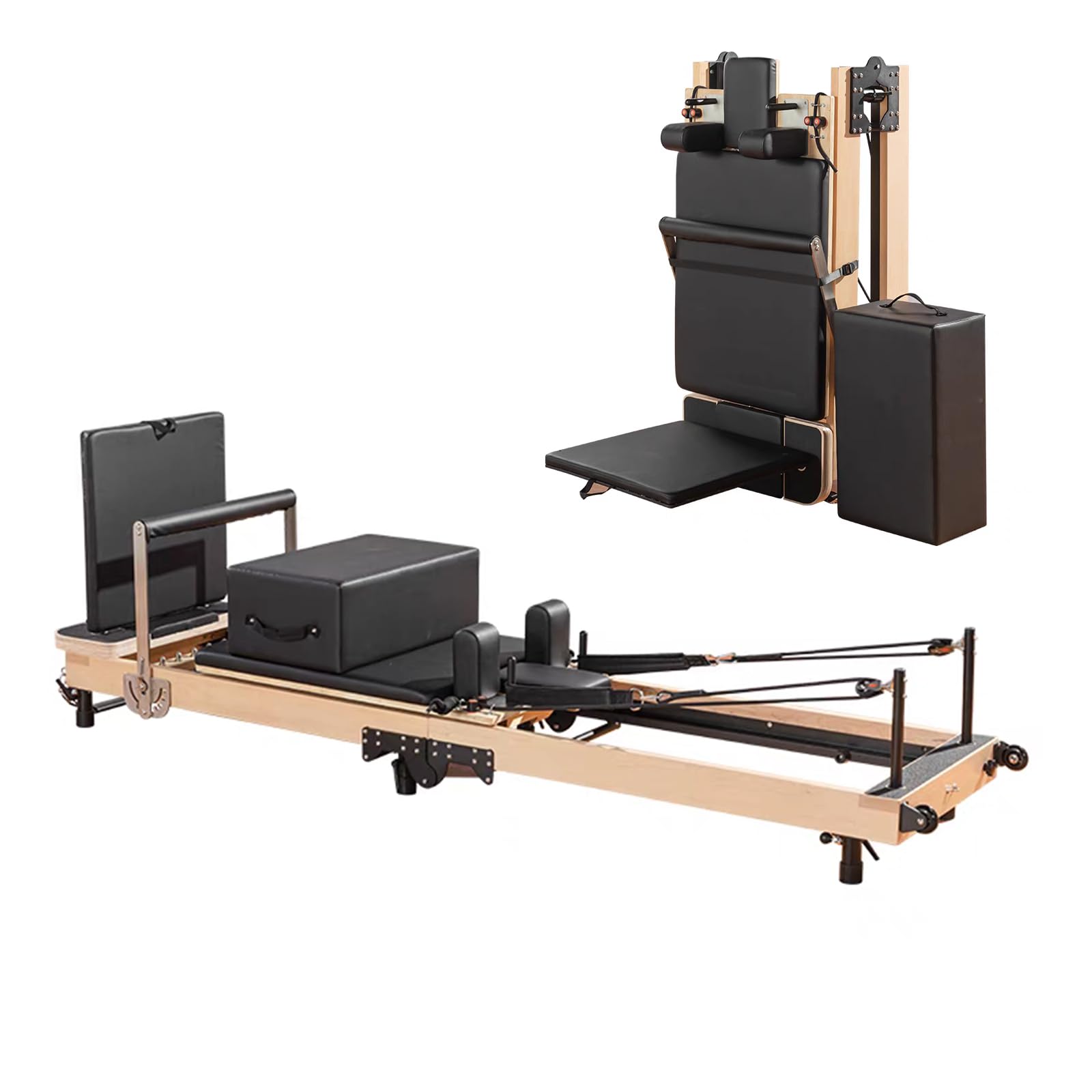 DEONG Pilates Reformer Machine, Upgraded White Maple Wood Foldable Pilates Bed for Home with Reformer Accessories, Exercise Yoga Equipment,Suitable for Beginners and Intermediate Users