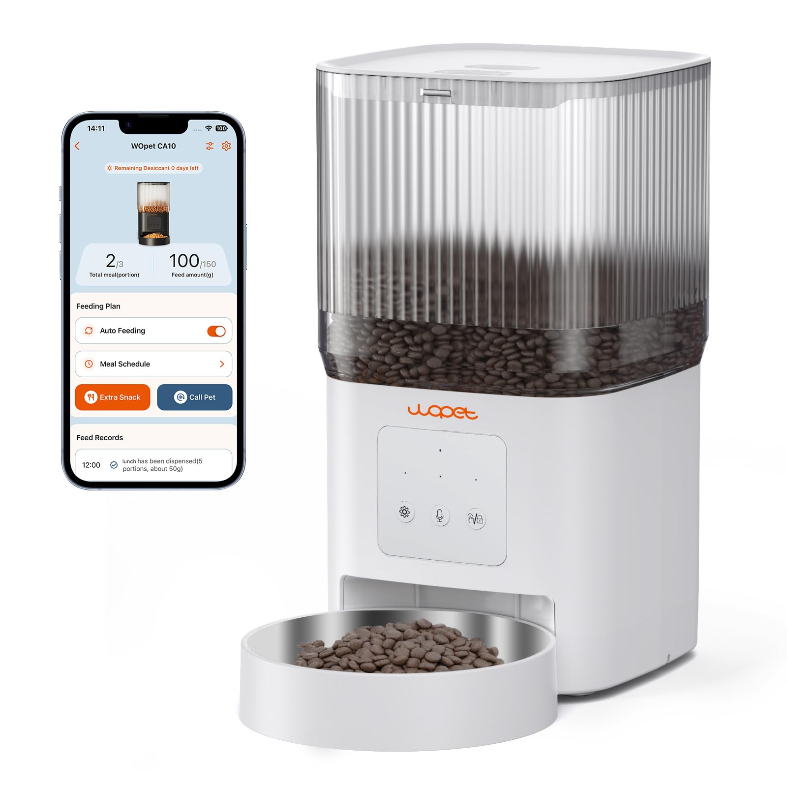 WOPET Automatic Cat Feeder, 5G WiFi Smart Pet Feeder for Dogs and Cats with APP Control, Low Food Sensor, 10s Voice Recorder, Up to 10 Meals Daily, Dual Power Supply, Timed Dog Food Dispenser