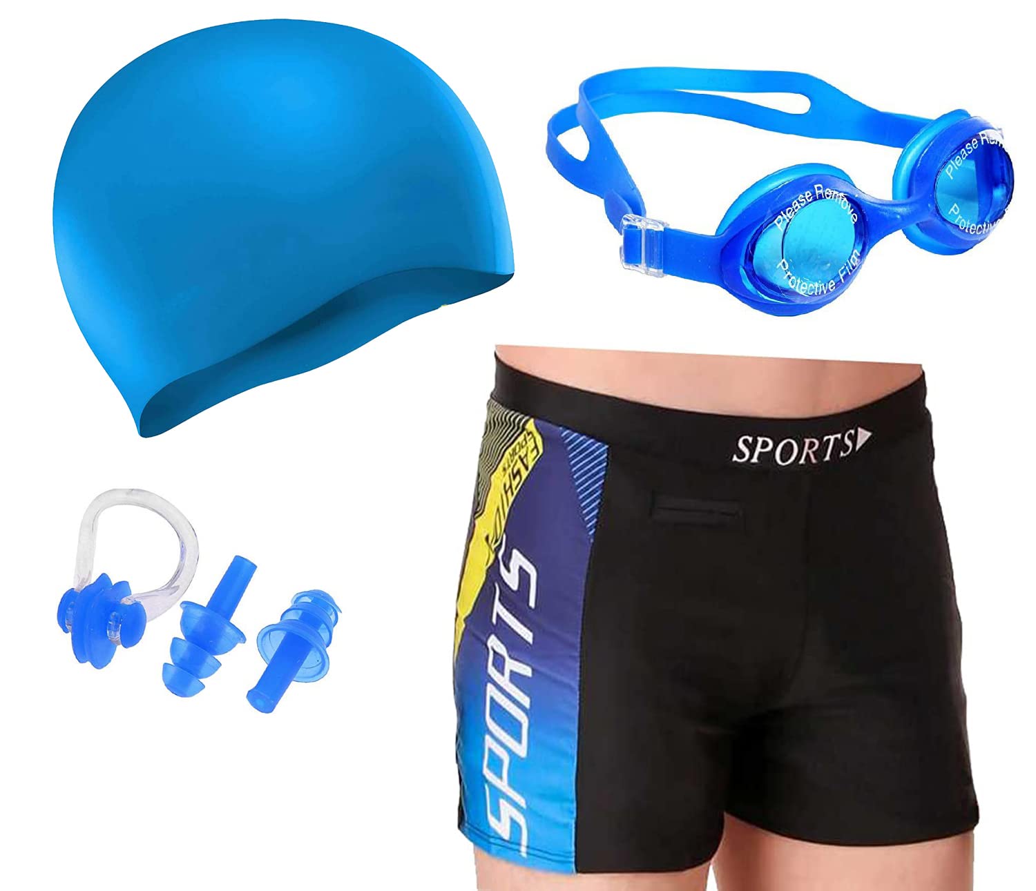 DRAUSS Men Swimming Costume | Shorts | Trunk Goggles Cap 2 Earplug 1 Nose Clip Swimming Kit (28In to 34In Waist Size)